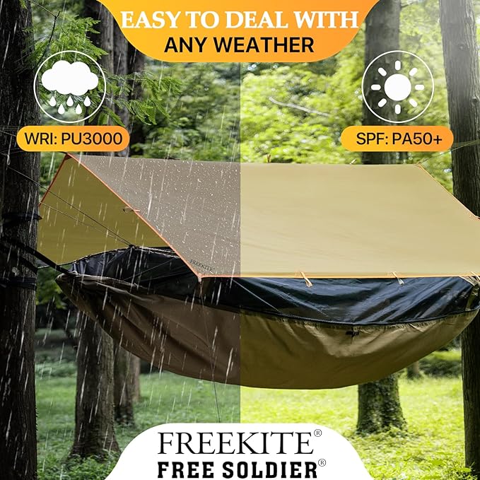 Camping Tarp Tent Portable Multifunctional Bushcraft Backpacking Tear-Resistant Fabric Rain Fly Tarps Awning Shelter Lightweight Waterproof Tarp(10×10 tarp)
