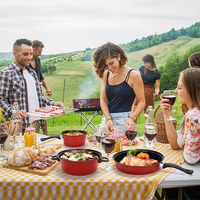 Non-Stick Cookware Set, Portable Lightweight Cast Iron Pots and Pans with Glass Lids and Nylon 4 Piece Set Utensils for Outdoor Camping Picnic Travel