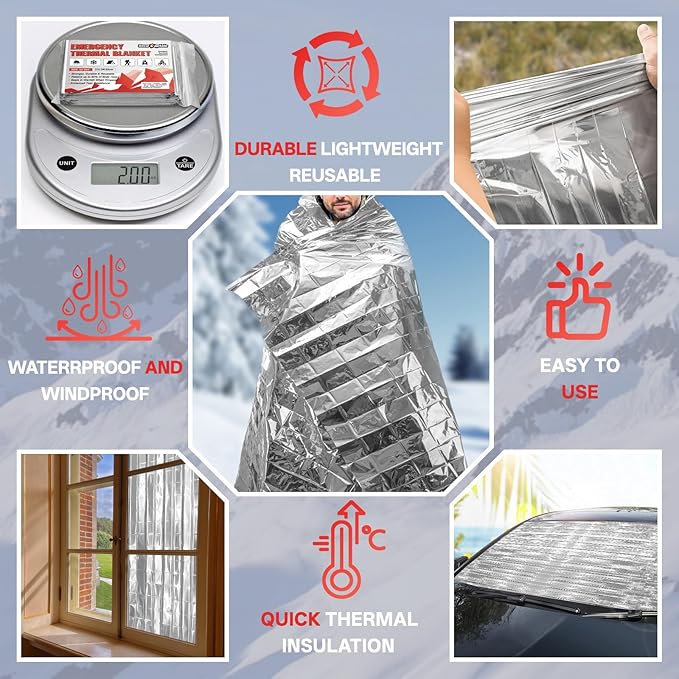 SecuCaptain Survival Emergency Thermal Blankets: 75 Pack Extra Large 84” x63” Space Mylar Blanket Kit for Outdoor Cold Winter Camping Hiking Car Bug Out Bag or First Aid
