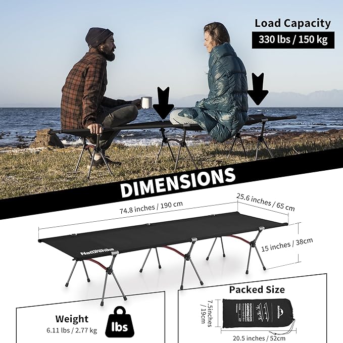 Naturehike ArmyWild Folding Camping Cot, Height Adjustable Ultralight Backpacking Cot, Portable Camping Bed for Camping Hiking Travel Home