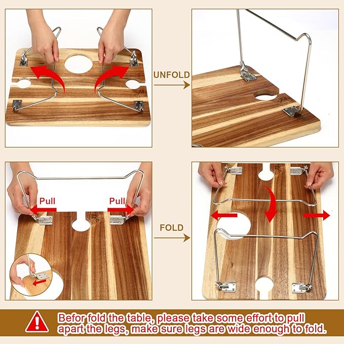 Picnic Foldable Wine Table with Natural Wood Plate Kit, Handmade Handle Portable Tray Table with Food Plate for 2 Outdoor Camping Picnic Wine Set Gift for Couples (Dark Color)