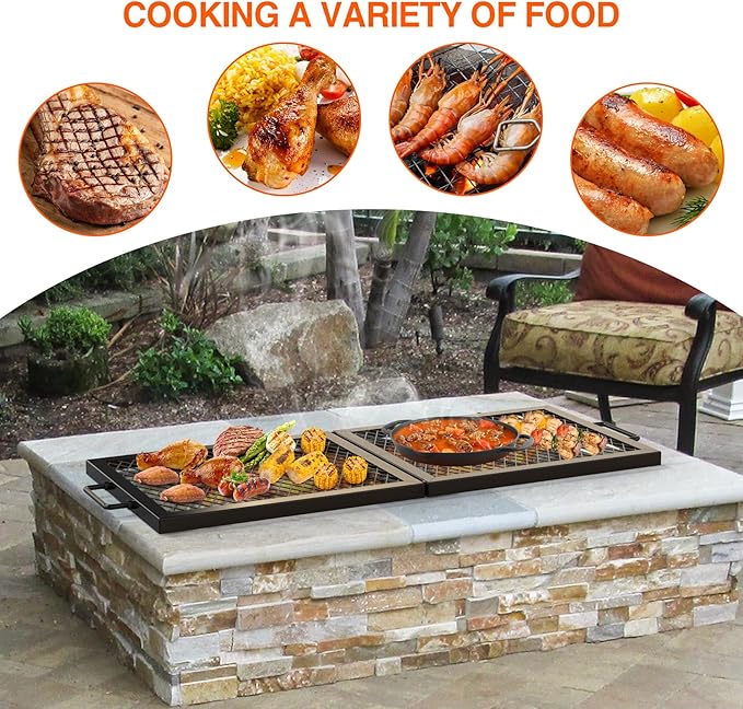 only fire Foldable X-Marks Fire Pit Cooking Grate, Portable Rectangle Campfire Grill Grate with Handles, Heavy Duty Steel Campfire BBQ Grill for Outdoor, 36 inch