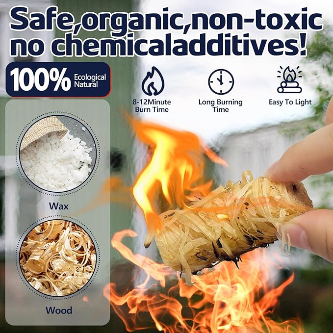 Fire Starter 36Pcs - Extra Long 12min Natural Fire Starters for Grill, Fireplace, Camping & Survival Kit | Waterproof, Odorless, Safe for BBQ/Pizza Oven/Chimney (Indoor & Outdoor)