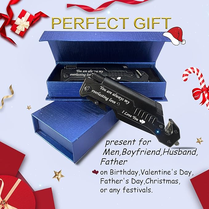 Engraved Pocket Knife for Men,6 in 1 Multifunction Folding Knives with Fire Starter,LED Light,Seatbelt Cutter,Glass Breaker,Bottle Opener,Anniversary Presents,Birthday Gifts