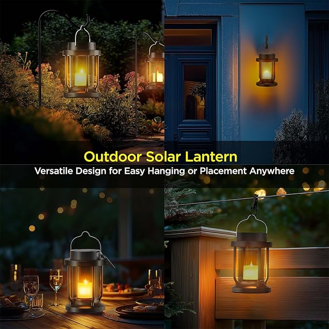 Solar Lantern Outdoor & Indoor Use – Hanging Solar Lights with Realistic Flickering Flameless Candle, Weatherproof for Gardens, Patios, Trees, and Lawns (Black + Gray, 2 Pack)