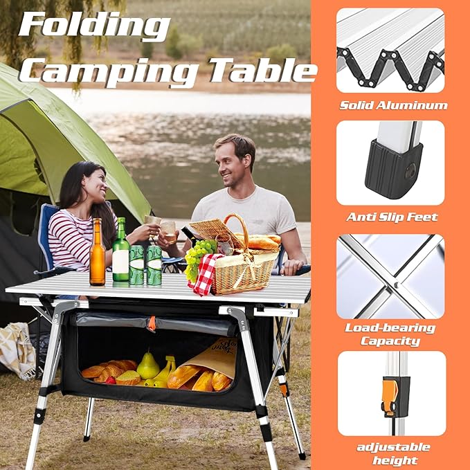 35IN Aluminum Camping Table with Large Storage Bag, Portable Roll-Up Folding Camp Table Adjustable Height Outdoor Kitchen for Camping Picnic Beach