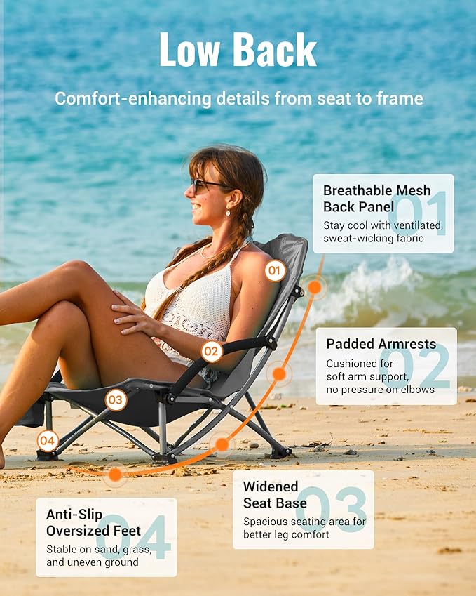 KingCamp Low Beach Chairs, Portable Folding Chair for Adults Extra Wide Ergonomic High Back Seat 300lbs Heavy Duty Lightweight Oversized Gear with Carry Bag for Outdoor Lawn Camping Picnic