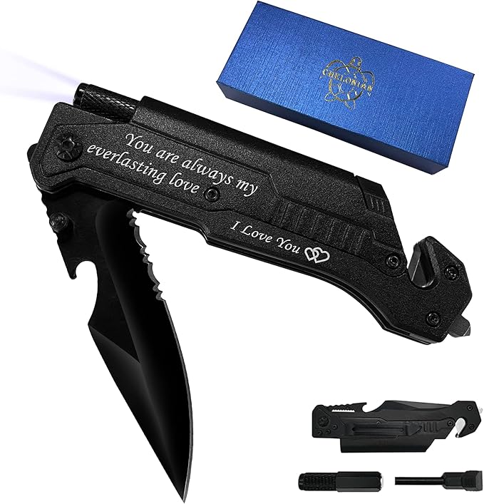 Engraved Pocket Knife for Men,6 in 1 Multifunction Folding Knives with Fire Starter,LED Light,Seatbelt Cutter,Glass Breaker,Bottle Opener,Anniversary Presents,Birthday Gifts