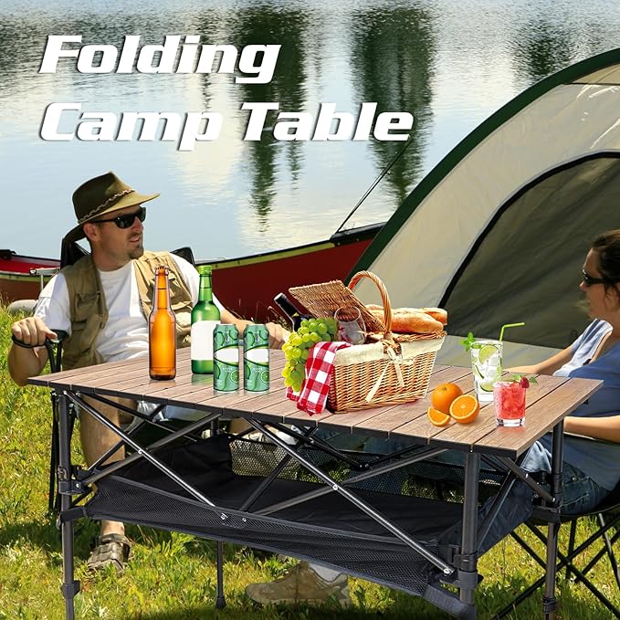 Aluminum Folding Camp Table w/Storage Bag, Roll Up Surface Portable Camping Table Height Adjustable Outdoor Indoor Use for Camping Picnic BBQ Backyard