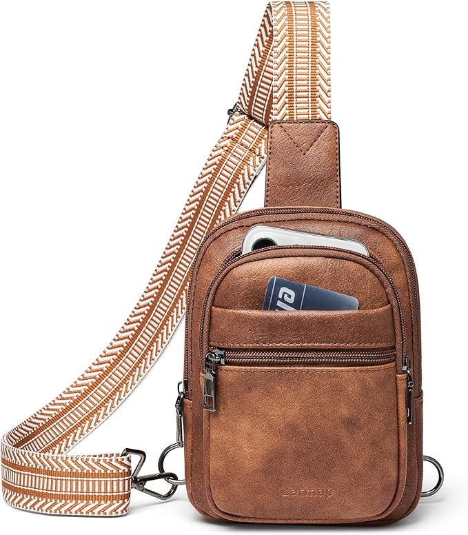 3L SMALL Sling Bag Fanny Packs For Women Men Mini Crossbody Chest Belt Travel Bag Purse Handbag Faux Leather Fashion Cute Brown