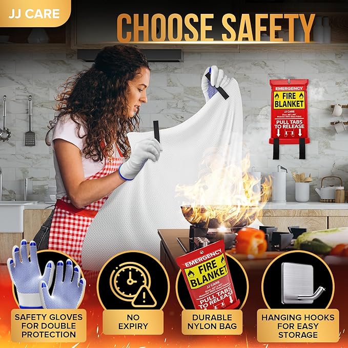JJ CARE Fire Blanket – (Large) 4.9x4.9ft with Hooks & Gloves, Fire Blankets Emergency for Home and Kitchen, High Heat Resistant and Flame Protection for Kitchen, Car, Office, Camping & Home Safety