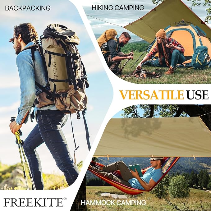 Camping Tarp Tent Portable Multifunctional Bushcraft Backpacking Tear-Resistant Fabric Rain Fly Tarps Awning Shelter Lightweight Waterproof Tarp(10×10 tarp)