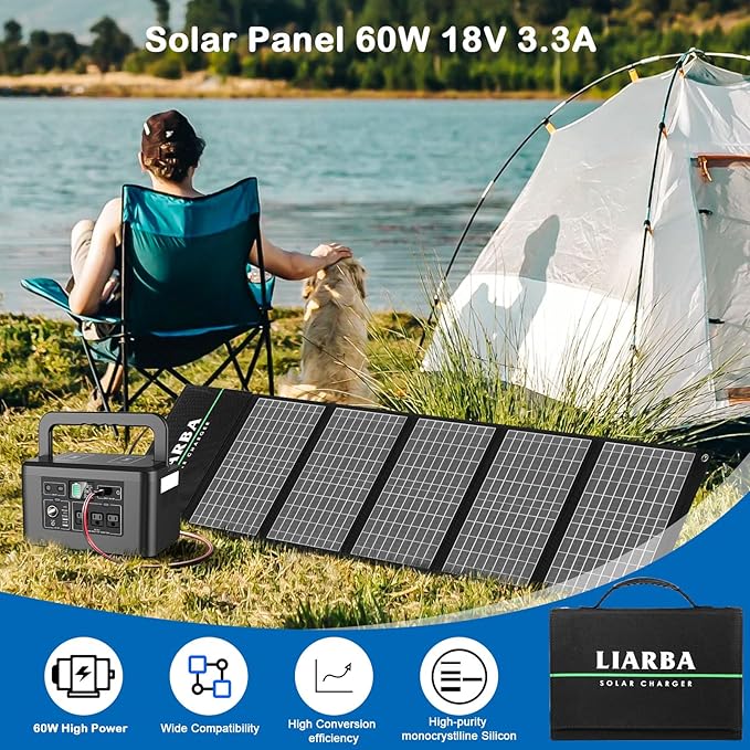 60watt Portable Solar Panels, Ip65 Waterproof Foldable Solar Panel Dual USB Ports QC3.0 DC 60W, Solar Charger for Small Power Station Camping Hiking Outdoor Activities