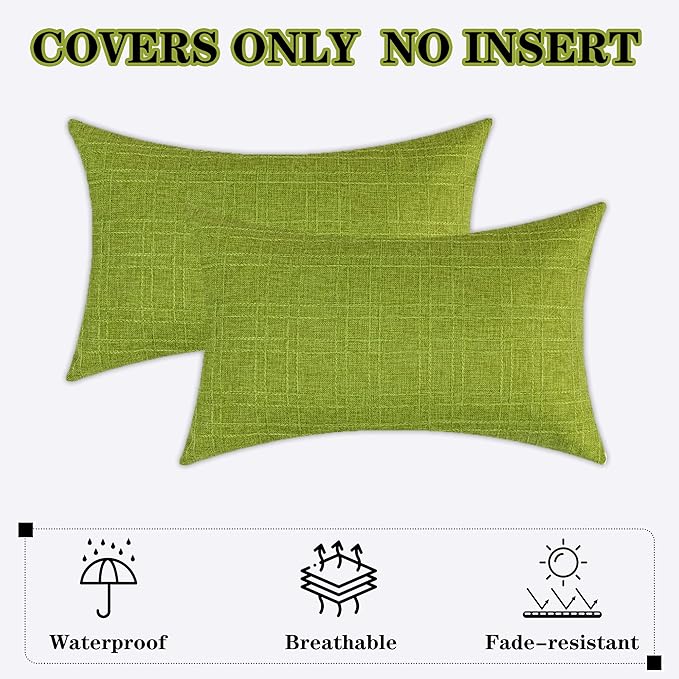 Kevin Textile Pack of 2 Outdoor Waterproof Throw Pillow Covers Spring Decorative Square Outdoor Checkered Pillows Cushion Case Patio Pillows for Couch 12x20 inches 30x50 cm Green
