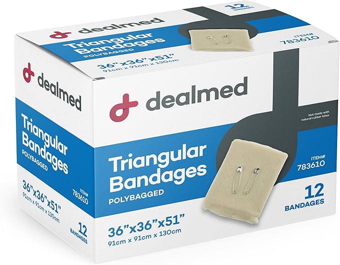 Dealmed Latex-Free Triangular Bandages – 12 Cotton Bandages with 2 Safety Pins, 36" x 36" x 51" Compression Bandage Wrap, Wound Care Product for First Aid Kit and Medical Facilities