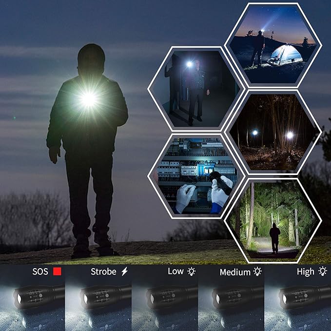 LED Flashlights,4pack Tactical Flashlight High Lumens Lights with 12Pack AAA Batteries Portable Waterproof Zoomable Flashlight with 5 Mode for Camping/Outdoor/Emergency(Black-4pack)