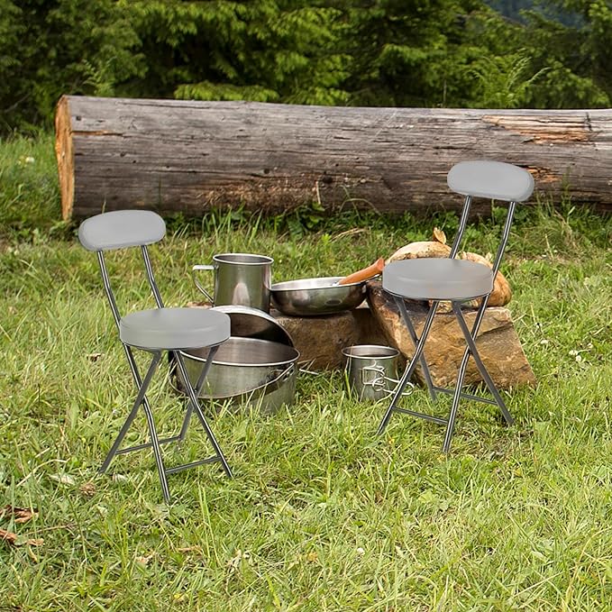 Cushioned Padded Folding Stools, Folding Bar Stool with Backrest, 220lb Capacity, 19 Inch Collapsible Round Portable Foldable Chair for Outdoor Indoor Kitchen Camping Fishing (Grey, 2 Pack)