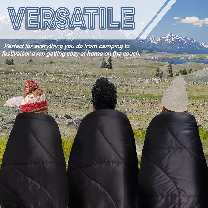 Outdoor Puffy Camping Blanket, Lightweight Down Alternative Puffy Printed Camping Large Ultra Warm Hammock Top Quilt Waterproof Blanket for Traveling Picnic Beach Party Cold Weather (Black)