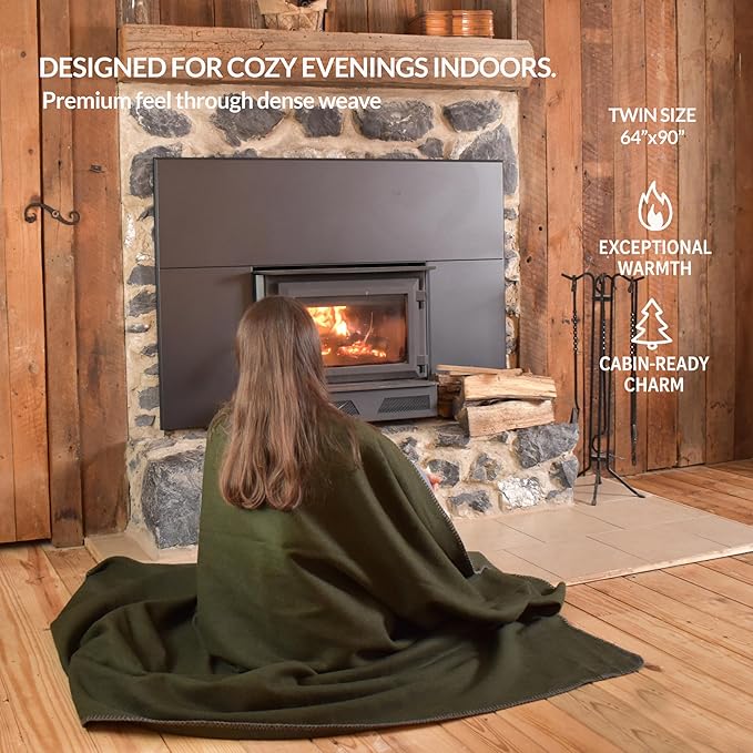 Military Style Wool Blanket – Cushioned, Breathable, Durable, Warm & Washable – Double-Stitched Border– Great for Camping, Outdoor, First Aid, Travel, Car, Fire-Resistant – 64"x90" 4.5lb (Olive Green)