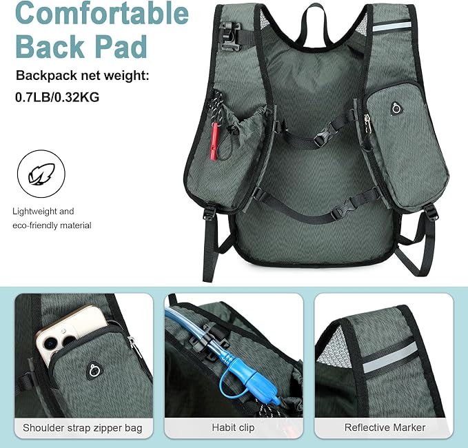 BOVIP Lightweight Hydration Back,15L Multipurpose Hiking Backpack with 1.5L Water Bladder ,Hydro Water Daypack for Cycling Hiking Rave for Men Women