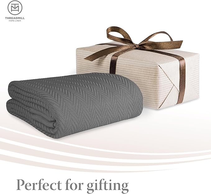 Threadmill Luxury Cotton Blankets for King Size Bed | All-Season Cozy 100% Cotton King Size Blanket | Herringbone Soft Fall Thermal Blanket fits California King Size Bed | Dark Grey