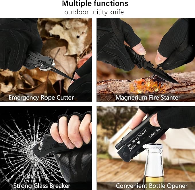 6-in-1 Tactical Folding Knife – EDC Pocket Knife with Fire Starter, LED Light & Glass Breaker – Gift for Boyfriend,Husband on Birthdays