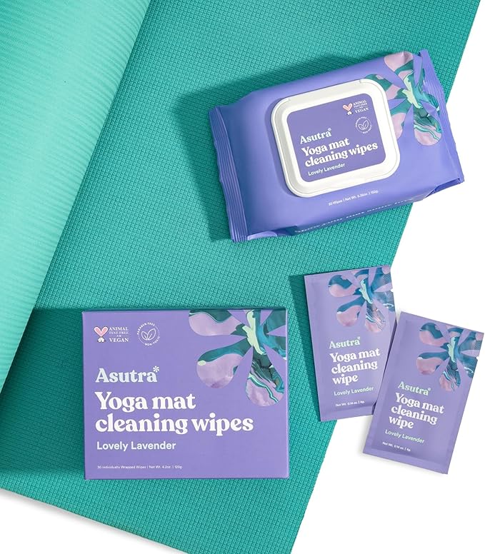 ASUTRA Yoga Mat Cleaning Wipes (Lovely Lavender), 2 Pouches (30 Wipes Each) - No Slippery Residue, Deep-Cleansing for Fitness Gear & Gym Equipment
