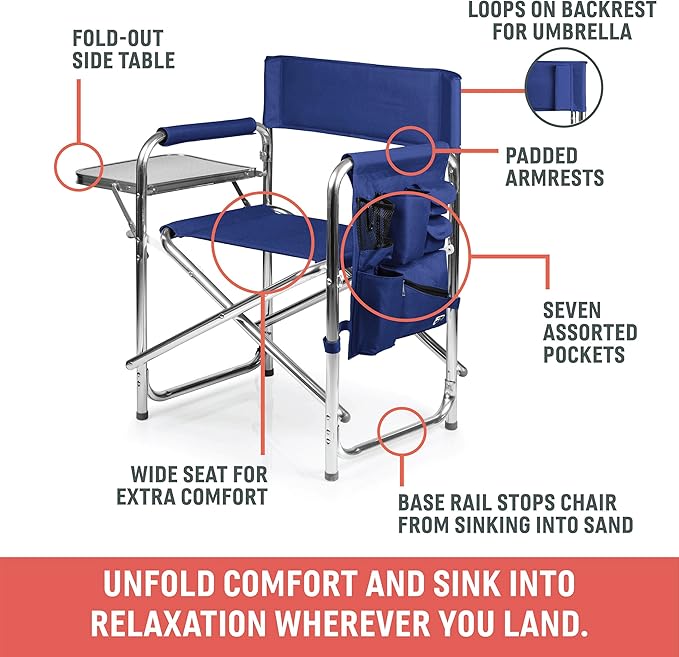 PICNIC TIME Sports Chair with Side Table, Outdoor Foldable Padded Adult Camping Chairs with Cup and Accessory Panel for Lawn, Beach, & Sports Use for Adults, up to 300-lbs Capacity, (Burgundy Red)