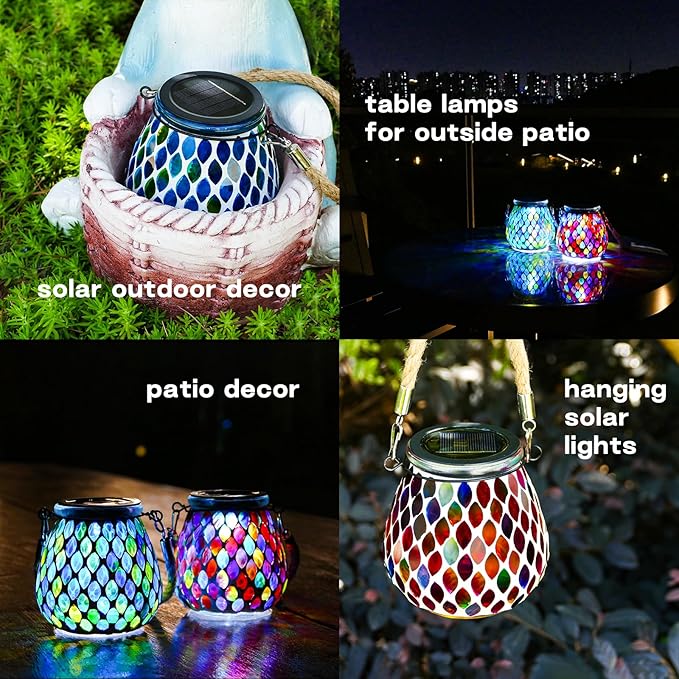 2 Pack Mosaic Red Solar Lanterns, Outdoor Glass Hanging Lights, Waterproof, Solar Table Lamps, Christmas Gifts for Women Mom Grandma, Night Lights, Decoration for Garden, Patio, Yard, Outdoor Decor