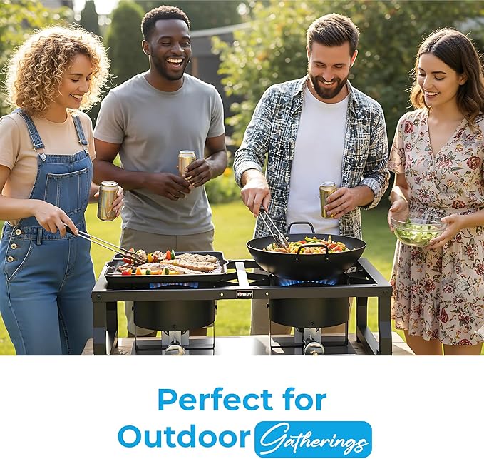 Tabletop Double Burner Camp Stove - 100,000 BTU Portable Propane Gas Cooker with CSA Regulator - Heavy-Duty Steel Frame for Camping, BBQ & Outdoor Cooking