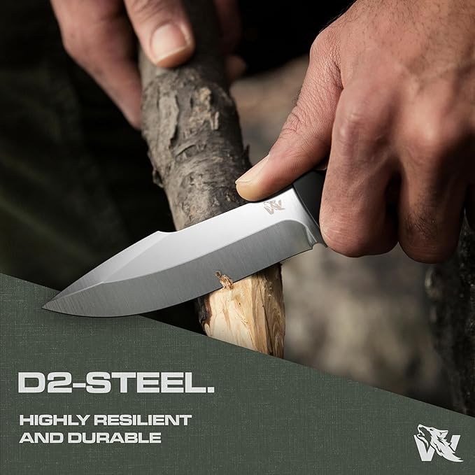 WOLF-II Full Tang Survival Knife - Strong Tactical Fixed Blade - D2 Steel - Bushcraft, Camping & EDC Outdoor Knife with TPE Handle and Multi Lok Sheath