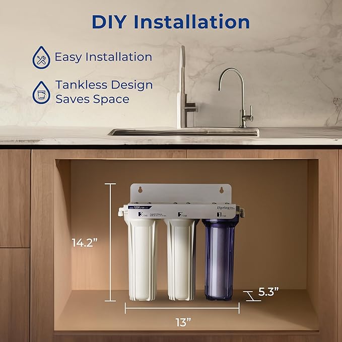 iSpring US31-PF Classic 3-Stage Under Sink Water Filtration System for Drinking, SGS-Tested PFAS Reducing, Tankless Under Sink Water Filter, High Capacity Water Filter for Sink, Pack of 1