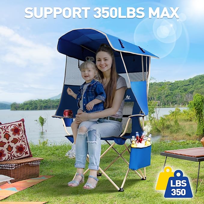 MENOLY Camping Chair with Shade Canopy, Folding Canopy Chair with Cooler Bag for Outdoor Sports, Lawn Chairs with Extra Storage Space, Sturdy Steel Frame for Camping, Beach, Tailgates, Fishing