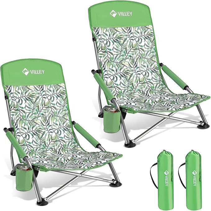 VILLEY Low Beach Chairs for Adults 2 Pack, High Back Folding Chairs, Lightweight and Portable for Outdoor, Camping, Lawn, with Cup Holder and Carry Bag - Green Tropical Leaves