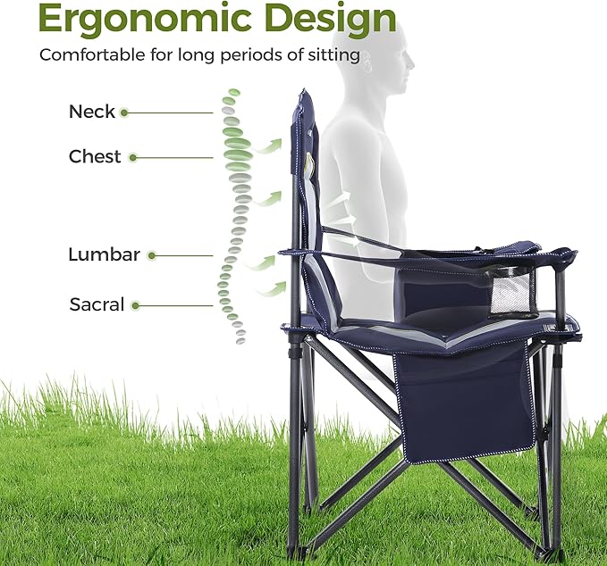 ALPHA CAMP Oversized Camping Chair Heavy Duty Lawn Chair with Cooler Bag Support 450 LBS Steel Frame Collapsible Padded Arm Quad Lumbar Back Folding Chair for Lawn Outdoor