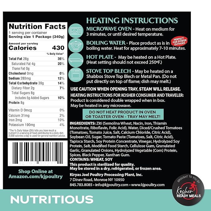 KJ Poultry Kosher Parve Ready Meals - Baked Ziti, MRE Meals Ready to Eat, Halal, (6 Pack) Prepared Entree Fully Cooked, Shelf Stable Microwave Dinner Travel, Military, Camping, Emergency Survival