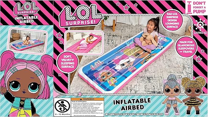 Living iQ Jr Twin-Size Kids Inflatable Air Bed, Blow-Up Mattress with L.O.L. Surprise! Theme, Waterproof & Puncture Resistant Vinyl, Lightweight & Portable for Travel, Hotel, Camp & Sleepover