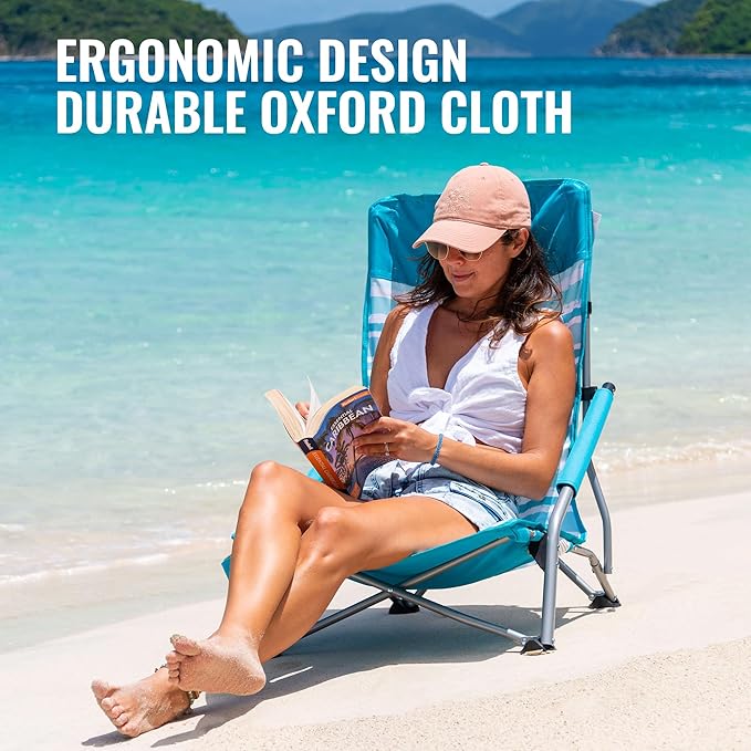 VILLEY Low Beach Chair, High Back Folding Chair for Adults, Lightweight and Portable for Outdoor, Camping, Lawn, Music Festival, with Cup Holder and Carry Bag - Blue Stripes