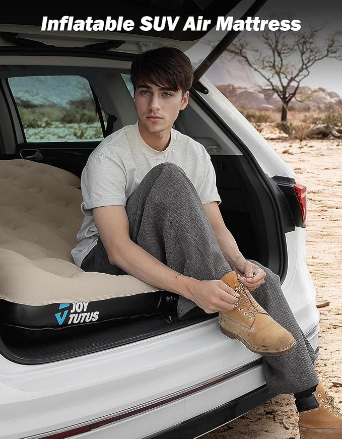 JOYTUTUS SUV Air Mattress for Car Camping, Upgraded Flocking and Extra Thick Oxford Surface Car Air Mattress, SUV Camping Bed Mattress,2-in-1 Air Pump, 2 Pillows & Carry Bag (Camel)