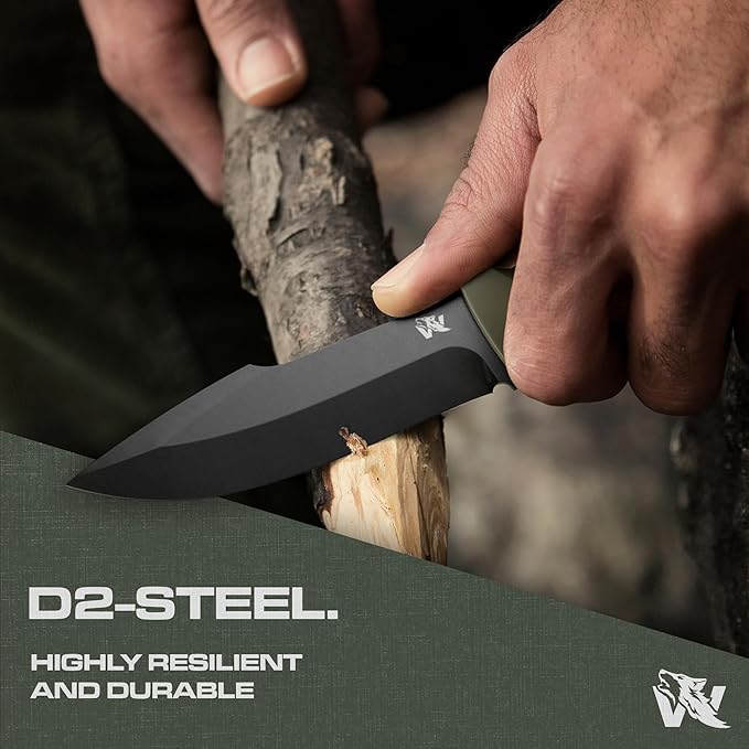 WOLF-I Full Tang Survival Knife with Sheath - Stylish Tactical Fixed Blade - Made of D2 Steel - Bushcraft and Camping Knife Survival - Perfect EDC Outdoor Knife with TPE Handle
