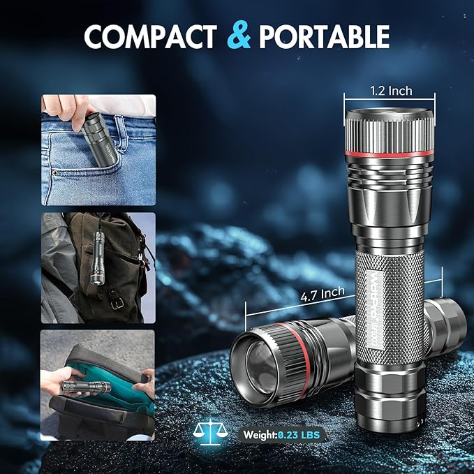 WdtPro Rechargeable Flashlights High Lumens, 1 Pack Super Bright LED Small Tactical EDC Flashlight with 10H Runtime, Portable Flash light for Camping, Home, Emergency Essentials Grey(Battery Included)