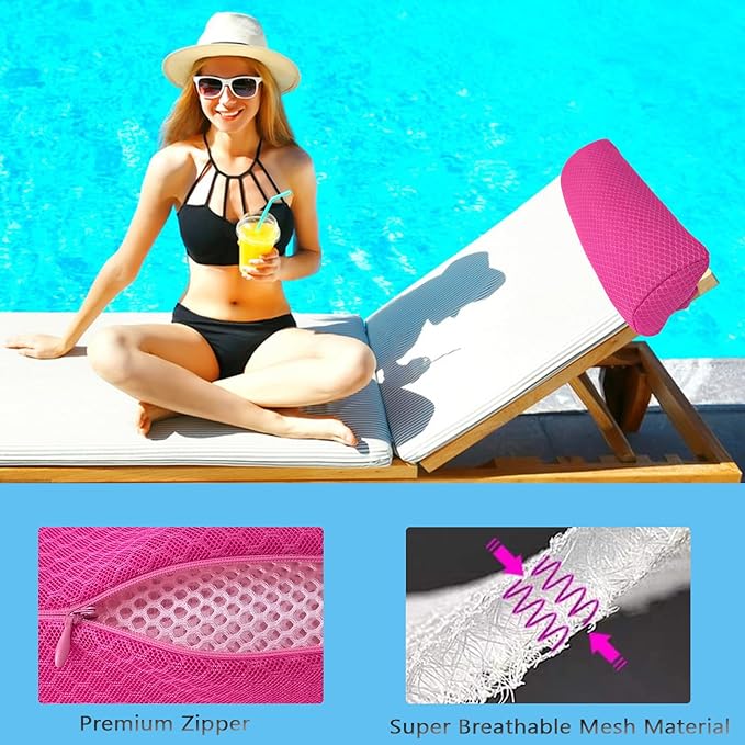REEZEIVI 1Pack Headrest Pillow for Patio Chaise Lounge,Chaise Lounge Pillows Outdoor 3D air mesh with Elastic Band,Quick Drying and Washable Spa Pillow for Recliner,Beach Chair,Office Chair,Pink