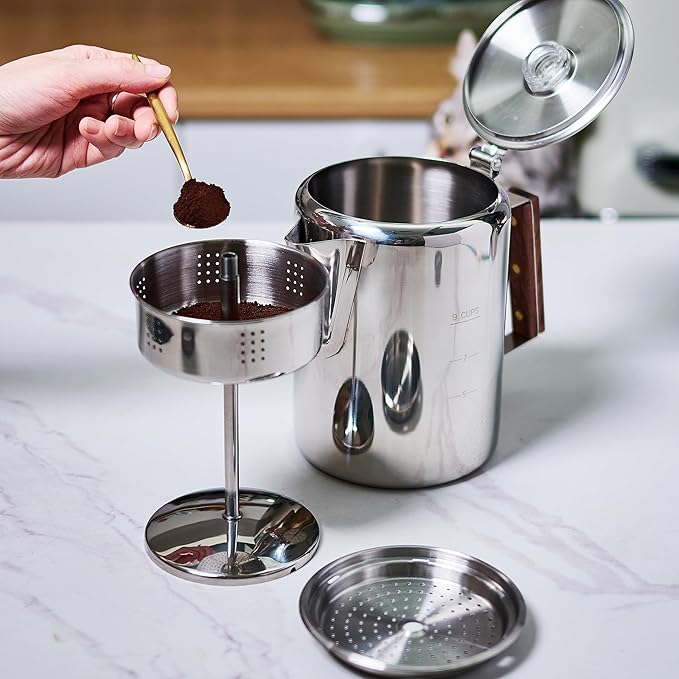 Camping-Fire Coffee Percolator Stovetop Pot- Stainless Steel Stove top Coffee Pot, Unleash Flavor in the Great Outdoors (9 Cups)