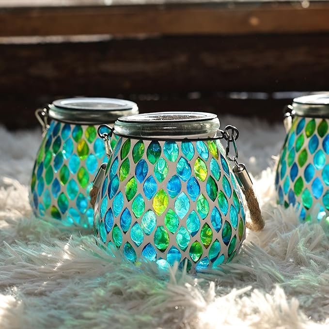 Cooo 4 Pack Mosaic Solar Lantern Outdoor Waterproof IP68 Hanging Projection Light Hidden Lid Pear-Shaped Lantern with Rope Handle Solar Powered Auto On for Patio Garden Fence Table - Azure Lattice