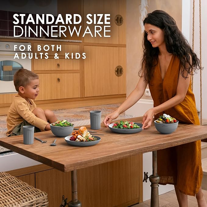 Wheatstraw Dinnerware Set For 4 - Dishwasher Microwave Plates For Heating Food - Unbreakable Wheat Straw Plates And Bowls sets - Replace Plastic Dinnerware Set - Camping Dishes Set