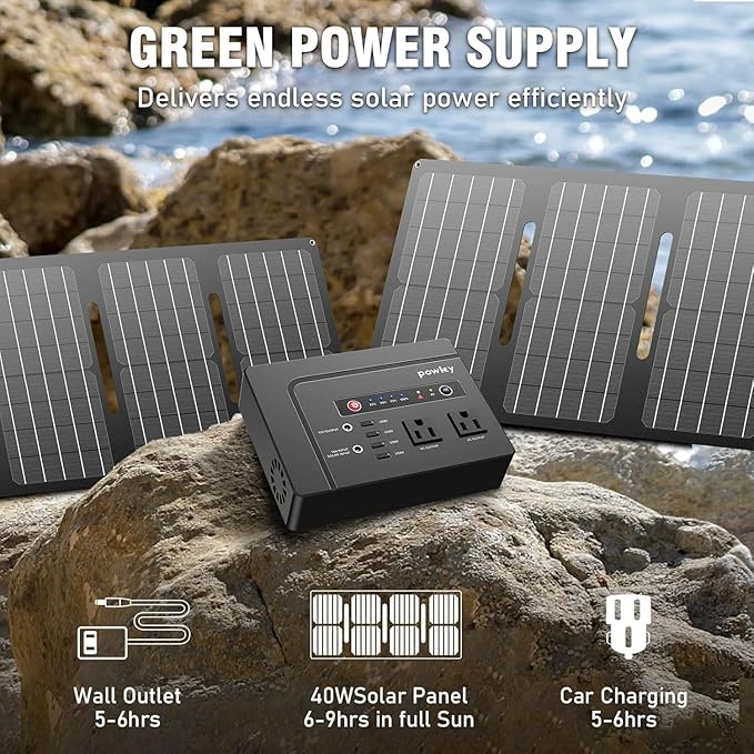 Powkey Solar Powered Generator,200W Portable Solar Generator Power Station with Solar Panels 40W,146Wh Generator Power Bank with 2 AC Outlet 110V Pure Sine Wave for Outdoor Camping Emergency Home