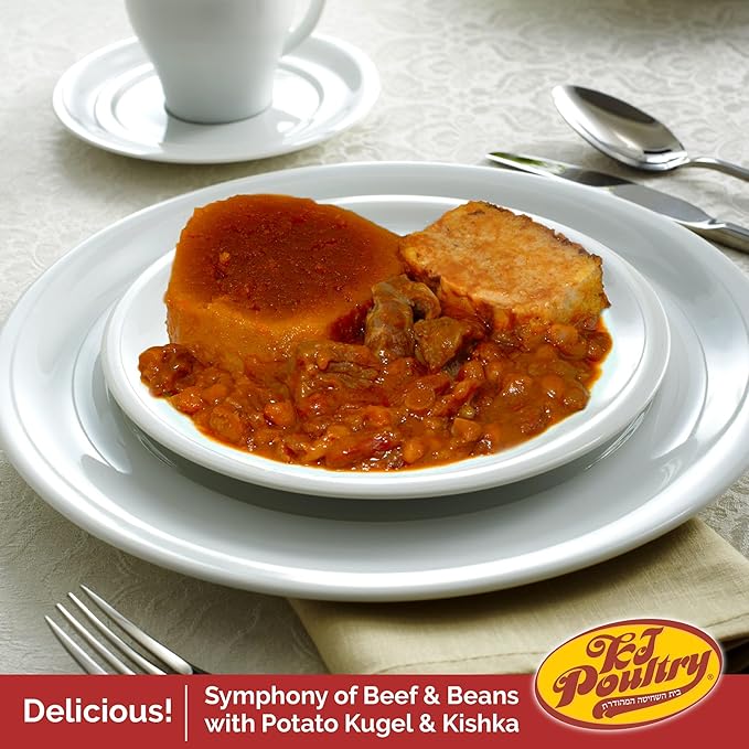 KJ Poultry Kosher Ready Meals - Beef Chulent & Kugel, MRE Meat Meals Ready to Eat, Shabbos Food (3 Pack) Prepared Entree Fully Cooked, Shelf Stable Microwave Dinner Travel, Military, Camping, Survival