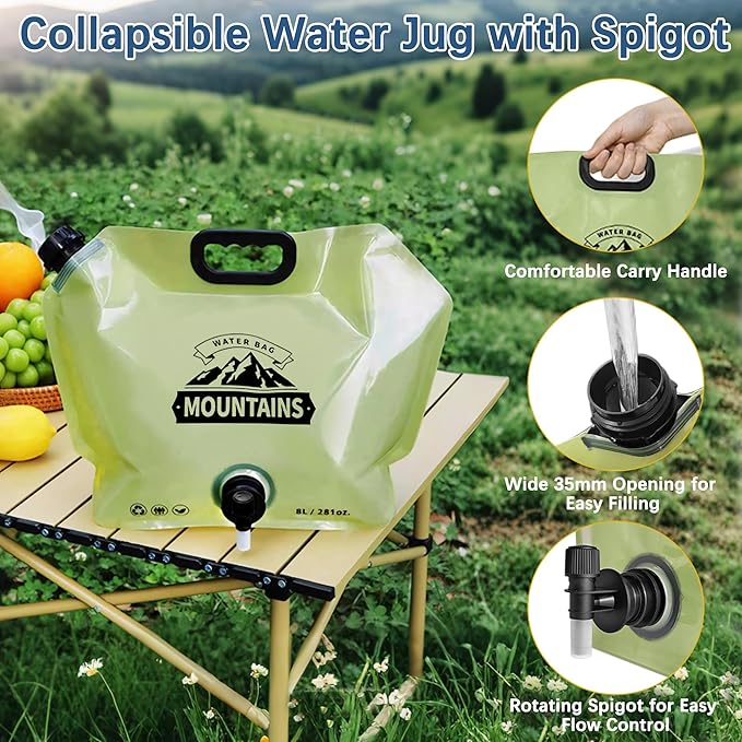 Camping Water Jug 2.1 Gallon CollapsibleWater Container Portable Water Bag for TravelOutdoor Hiking BPA Free Lightweight (Green (2.1 Gal), 2)