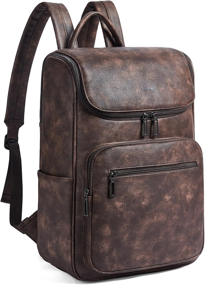 Leather Backpack for Women, Fits 17 Inch Laptop in Main Compartment, Dedicated 15.6 Inch Padded Sleeve, Large Vegan Leather Travel Computer Bag with Luggage Strap for Business and Work, Coffee
