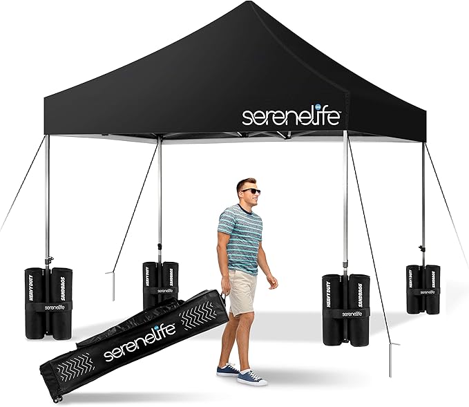 Pop Up Canopy Tent 10x10 - Commercial Instant Shelter Foldable/Collapsible Sun Shade Canopy Pop Up Tent w/Waterproof UV Resistant Tent Top, Portable Carry Bag & Sand Bag - SereneLife SLGZ10BA (Black)